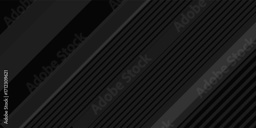 Black abstract background design. Modern wavy line pattern (guilloche curves) in monochrome colors. Premium stripe texture for banner, business backdrop. Dark horizontal