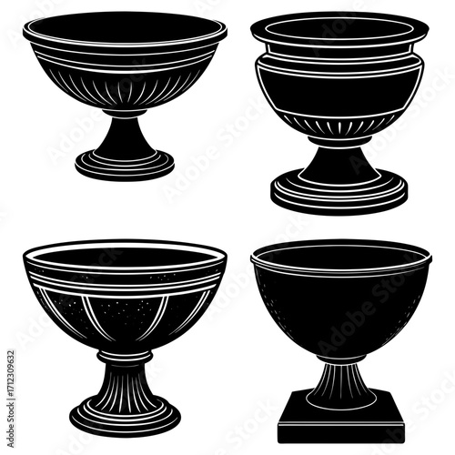 Illustration of four decorative black vases with different shapes and pedestal designs on a white background