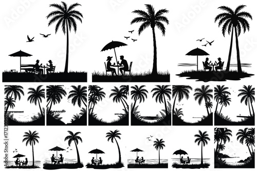 Tropical beach silhouettes with couples dining and palm trees