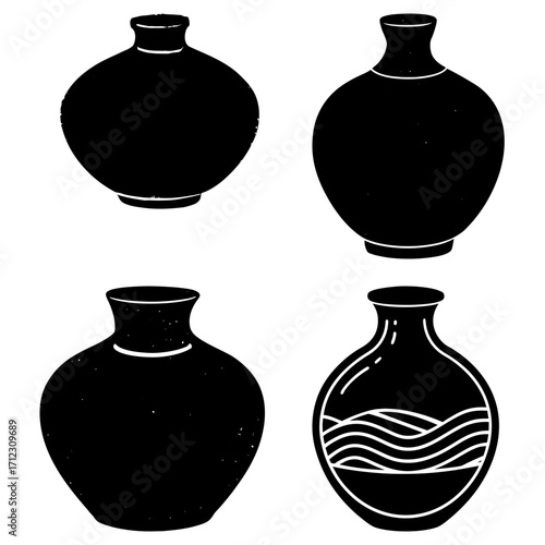 Four black and white vases with varying shapes and designs displayed in a square formation on white background