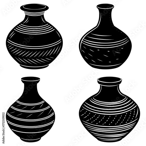 Four black vases with white decorative patterns arranged in a square format on a white background image