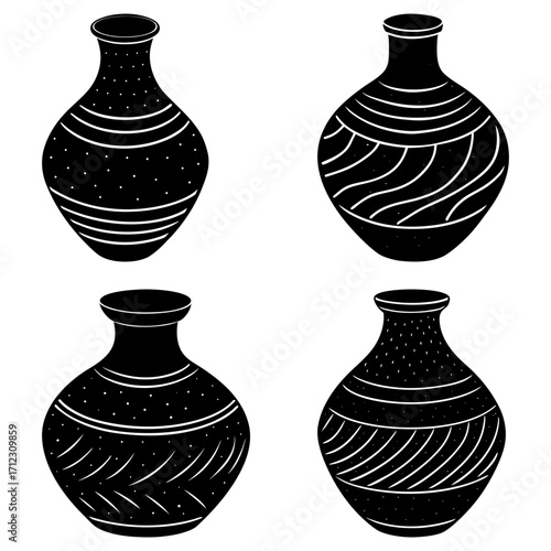 Collection of four black vases with different patterns and designs on a white background surface view