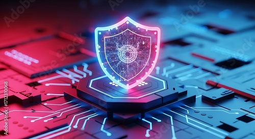 Glowing digital shield icon representing cybersecurity and protection, placed on a circuit board with neon blue and red lighting