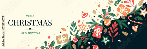 Horizontal banner with green and red Christmas symbols. Gifts, decor and branches of plants and trees. Winter background with place for text. Seamless pattern.
