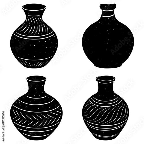 Four black and white vases with different patterns and shapes arranged in a square formation on white