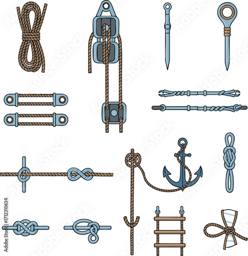 Collection of nautical equipment and knots displayed on white surface, showcasing maritime tools and techniques with precision and clarity.