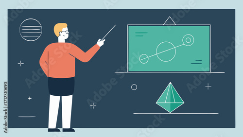 Teacher pointing at geometric diagram on board in classroom with abstract space-themed background in modern flat vector style