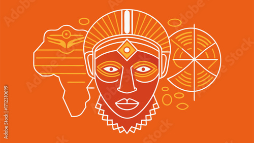 Stylized tribal face with traditional patterns, African continent and cultural symbols representing African heritage in modern vector style