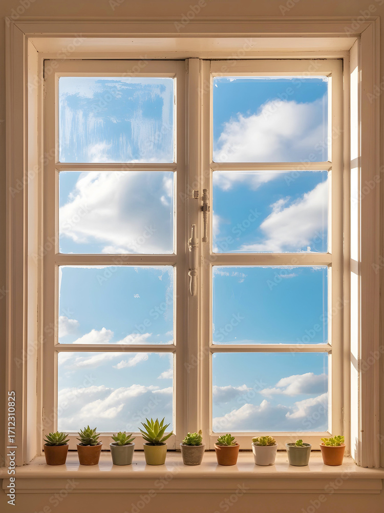Fototapeta premium A bright and sunlit window is home to a collection of vibrant succulents in small pots, with a cloudy blue sky visible through the glass