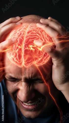 Man feeling intense pain and headache with glowing brain visualization, stress and migraine concept footage