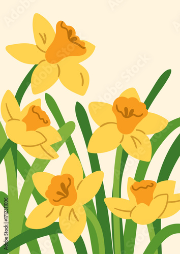 Floral card design with garden daffodils, leaves. Blooming flowers, narcissus...