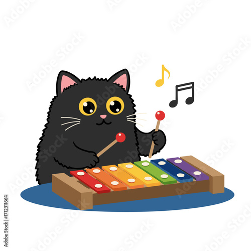 Flat icon of black fluffy cat tapping a colorful xylophone with a mallet, isolated