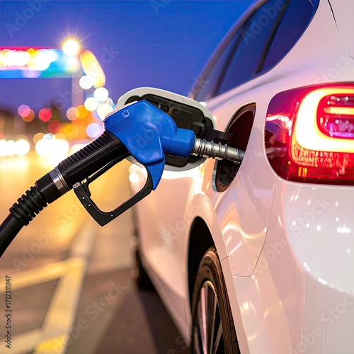 White car refueling at night
