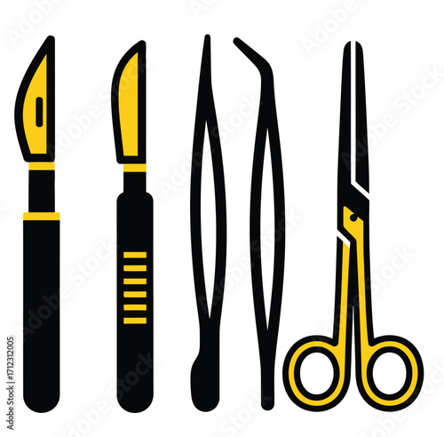 Set of surgical instruments including scalpels forceps and scissors