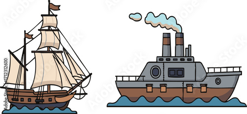 Two ships, a sailing vessel and a steamship, float sidebyside on the water, showcasing maritime history and transportation in a simple, cartoonish style.