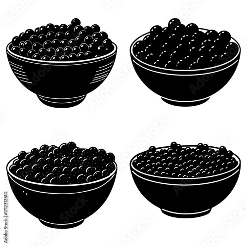 Four bowls filled with black caviar arranged in a square pattern on a white background in monochrome style