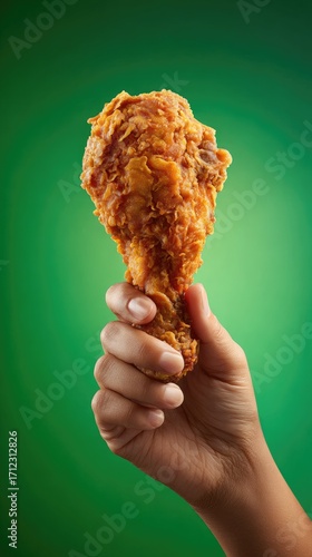 A hand holds up a single, crispy fried chicken drumstick against a vibrant green backdrop. The chicken is golden-brown and appears juicy and delicious