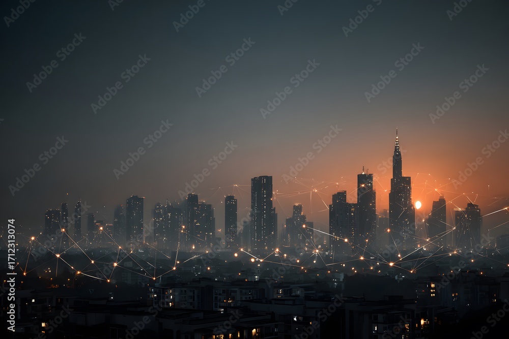 Fototapeta premium Vibrant photograph of a futuristic city skyline at twilight, bathed in orange and cyan light. Glowing digital data network lines connect the skyscrapers, representing a smart city and global connectiv