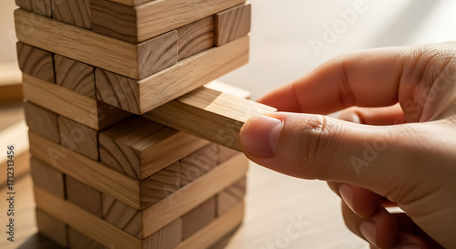 A close up shot of a hand carefully pulling a wooden block from a precarious tower structure