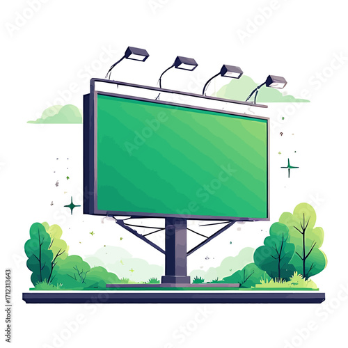 A green billboard stands tall against a backdrop of stylized trees and clouds, illuminated by four spotlights.
