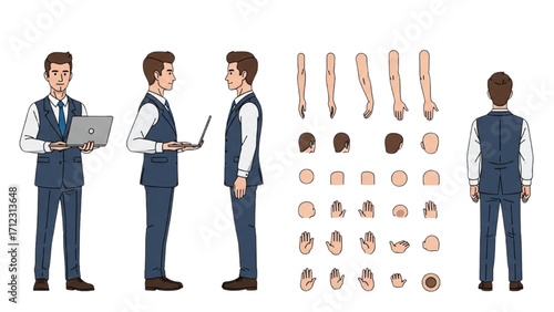 Elderly Man Character  Animation Kit – Front Side Back View, Body Parts and Poses Vector AI EPS PNG JPEG