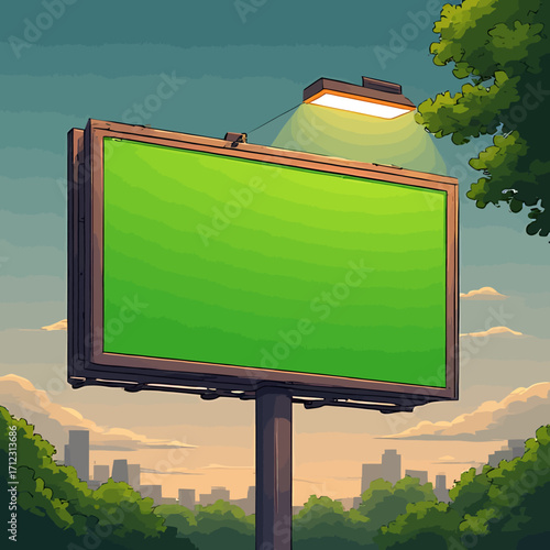 A large, green billboard stands prominently against a backdrop of trees and a distant cityscape, illuminated by a bright overhead light.