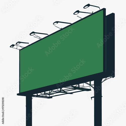 Illustration of a large, green billboard with lights on top, viewed from a low angle against a white background.