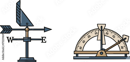 Weather vane points east while inclinometer measures angle on white background, illustrating meteorological and scientific instruments for weather observation and measurement.
