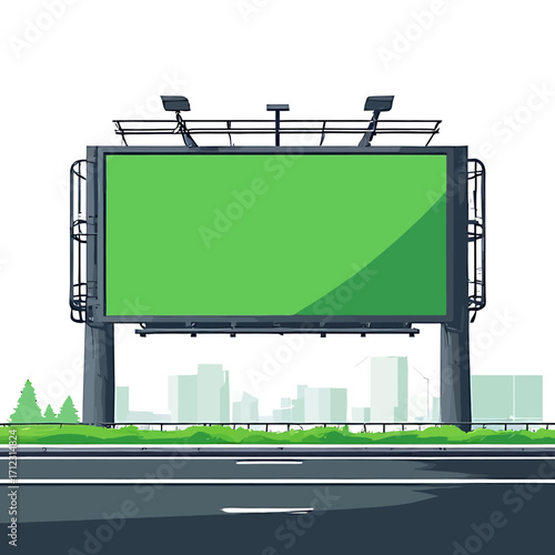 A large green billboard stands beside a road with a city skyline in the background, under a bright sky.