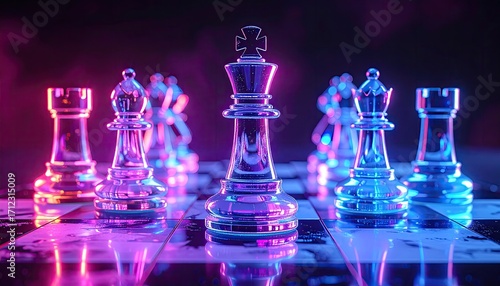 Neon chess pieces on a board