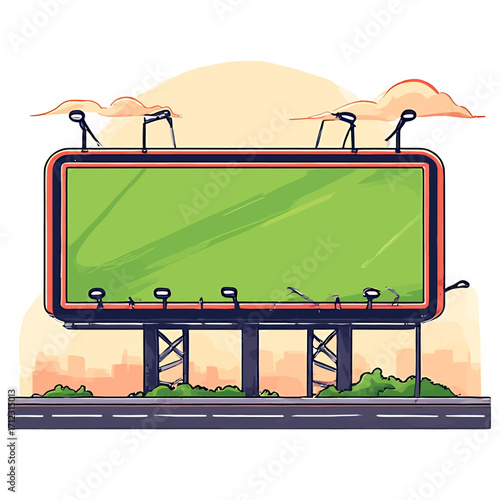 Illustration of a large blank green billboard with a red frame, supported by metal beams, against a cityscape and cloudy sky.