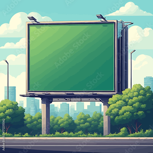 A large, blank green billboard stands prominently against a backdrop of city buildings, trees, and a bright blue sky with fluffy white clouds.