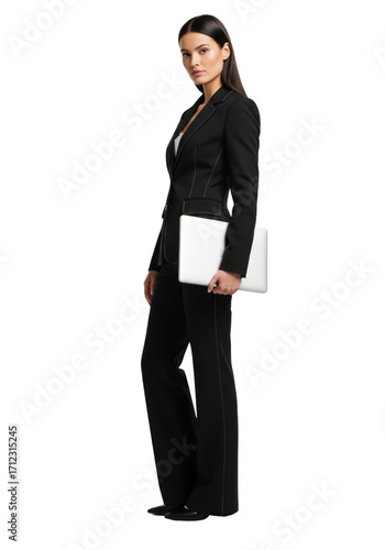 A businesswoman in a black suit, holding a laptop, standing angled to the left, isolated on white or transparent background