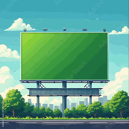 A large green billboard stands prominently above a city street, surrounded by trees and a blue sky with fluffy white clouds.