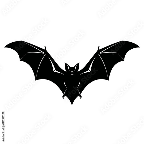 Vector art of a black silhouette of a bat with its wings spread wide, isolated on a, evoking a sense of halloween and the night
