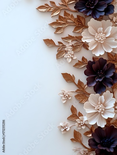 Elegant paper craft flowers in cream and deep purple with copper leaves create decorative border on white background, suitable for wedding stationery and celebrations.