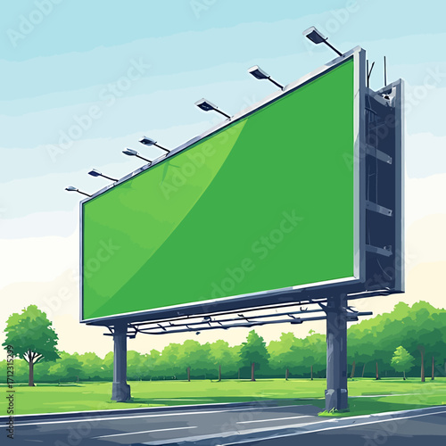 A large billboard with a blank green screen stands tall against a backdrop of trees and a blue sky.