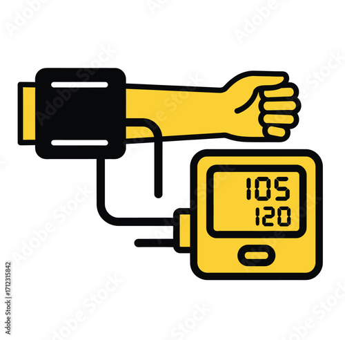 Illustration of a blood pressure cuff and monitor on an arm