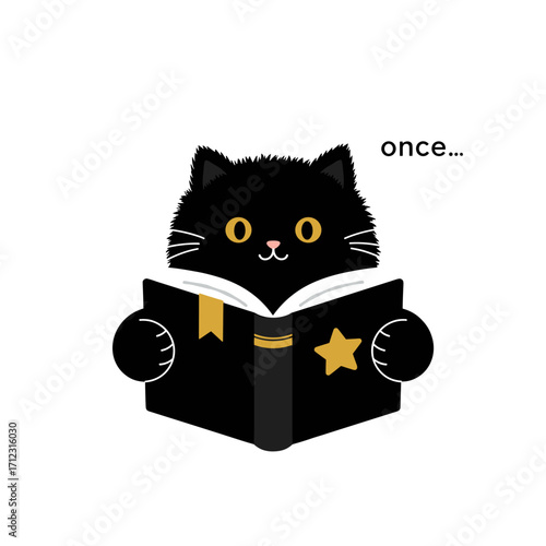  Flat icon of black fluffy cat with open storybook and bookmark star, isolated