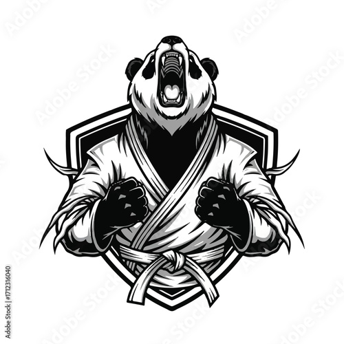 Illustration of a panda bear wearing a karate gi with a shield background, roaring with fists clenched.