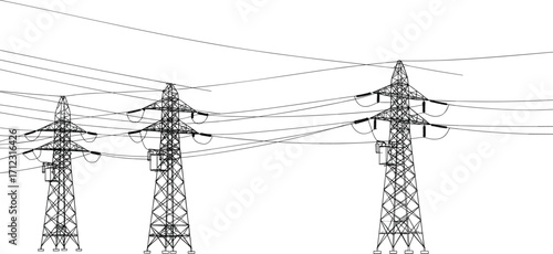 High voltage power transmission towers, electrical grid silhouette, industrial energy infrastructure, overhead line system, utility network design