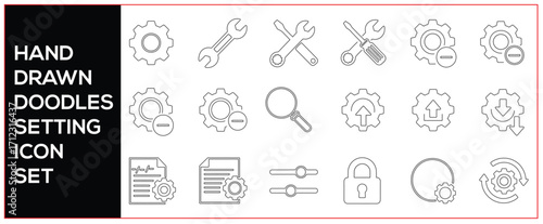 Hand drawn doodle icons for settings, tools, and documents isolated on white background