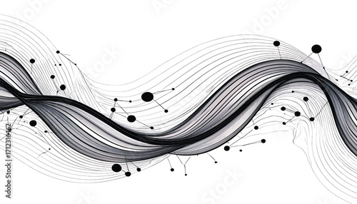 Abstract vector graphic of flowing monochrome lines and a complex network of connected nodes on a white background