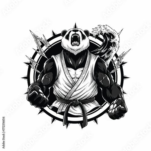 A fierce panda bear wearing a martial arts uniform stands powerfully with lightning and a wave behind it.