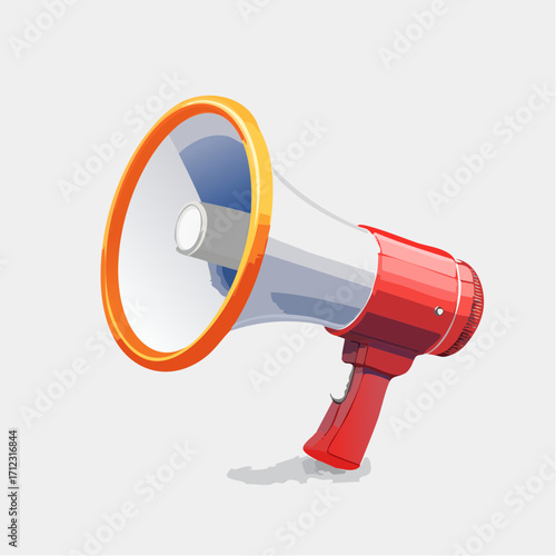 Illustration of a red and white megaphone with an orange rim, casting a subtle shadow.