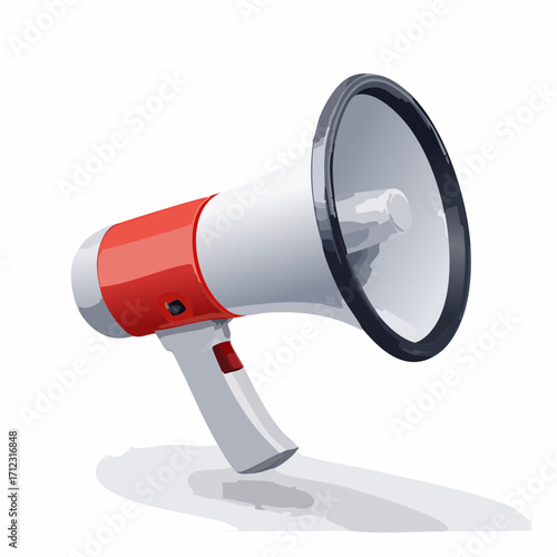 A digital illustration of a red and white megaphone, angled, on a white background.