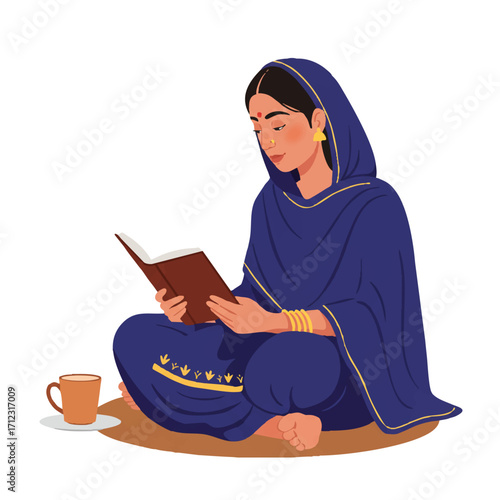 A serene Indian woman peacefully reads a book while sitting on the floor with a cup of chai tea beside her, depicted in a vibrant 2D flat vector illustration.