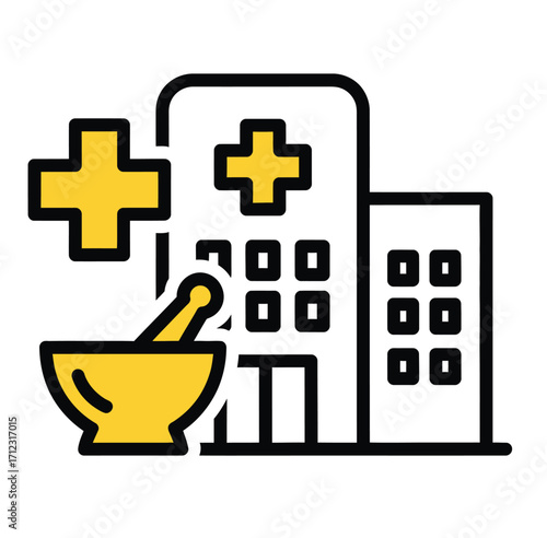 Hospital building with medical cross and mortar pestle icon