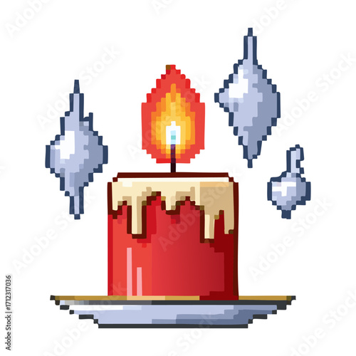 A digital pixel art illustration of a burning red candle on a golden plate with a glowing flame and floating smoke
