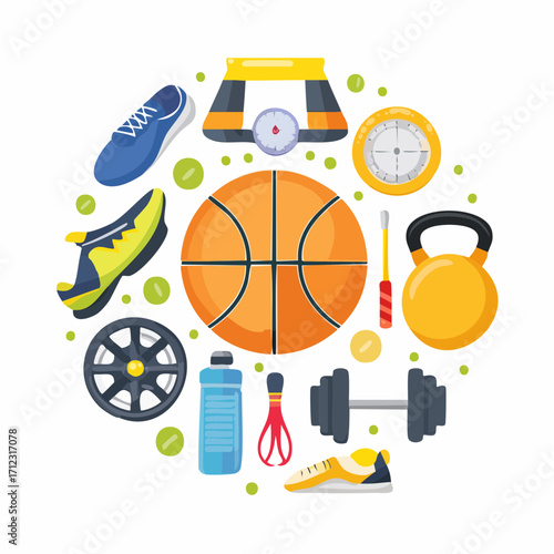 Fitness equipment and sports items arranged around a basketball, symbolizing a healthy and active lifestyle.